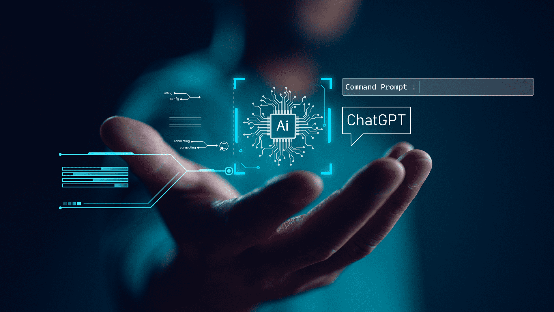 Inteligencia artificial empresarial: mano humana y brazo robótico conectados frente a gráficas de datos y análisis financiero — soluciones de automatización para empresas en Colombia